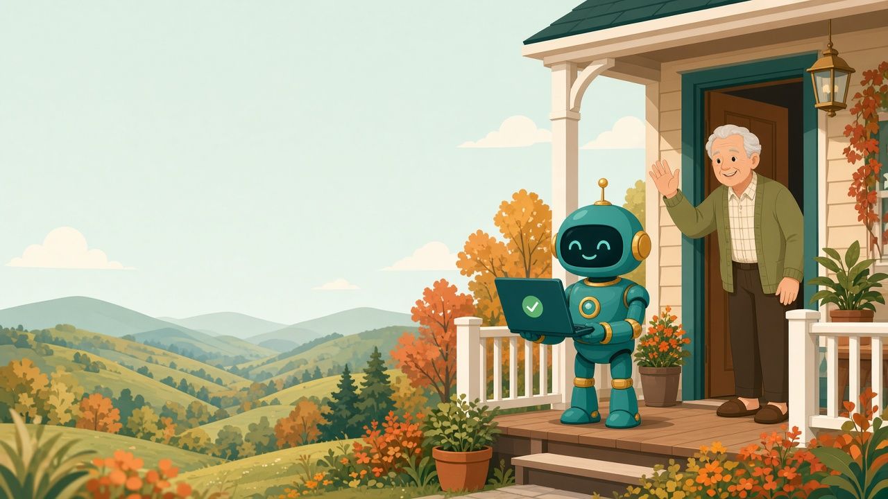 A friendly teal robot holding a laptop with a green check mark on a porch, while a smiling older man waves from the doorway, with autumn hills behind.