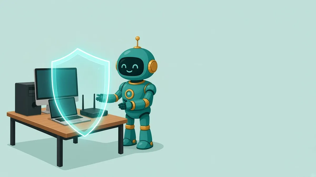 A teal robot stands beside a desk with a computer, laptop, and router, holding up a glowing shield over them.